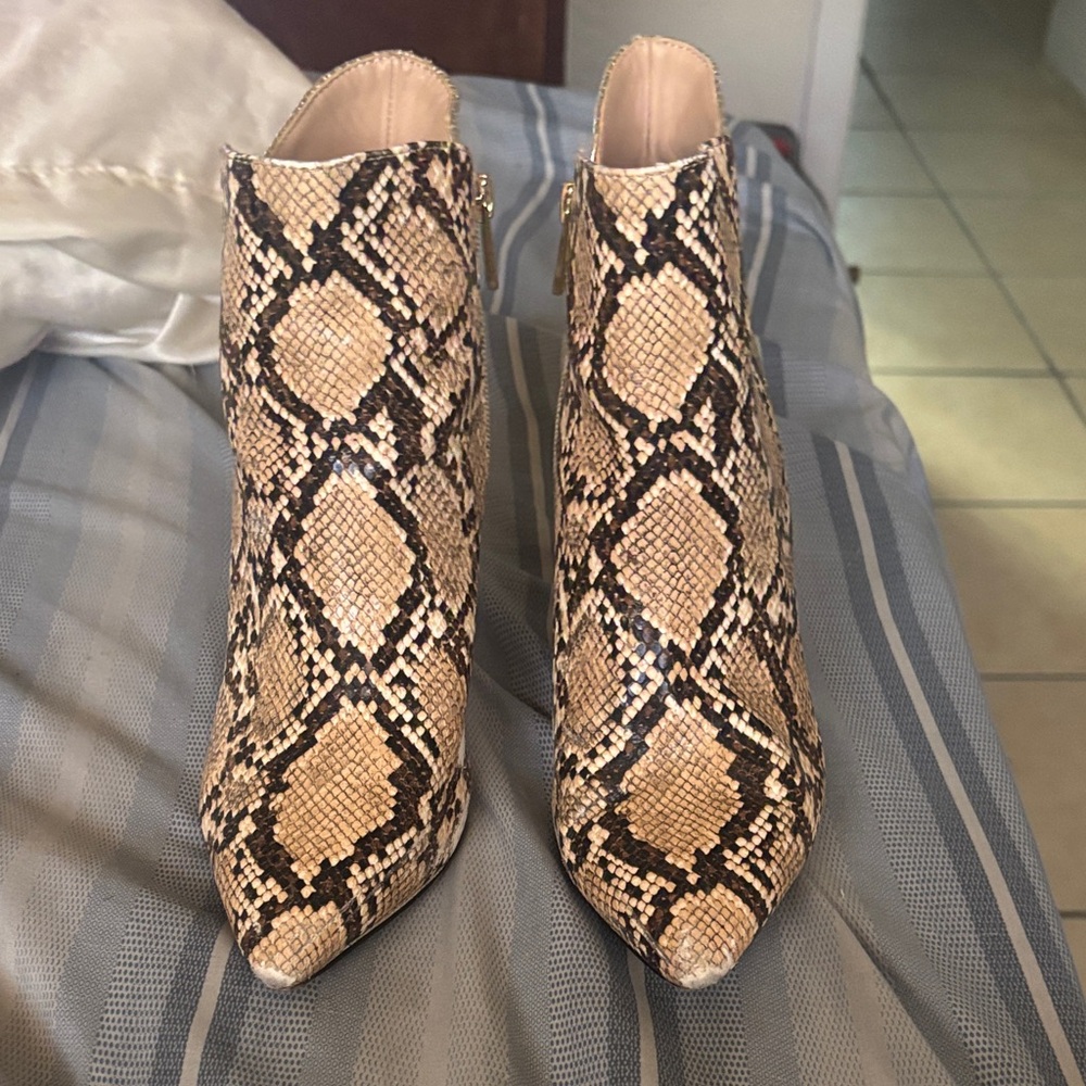 BCBGeneration Beige and Brown Snakeskin Ankle Booties